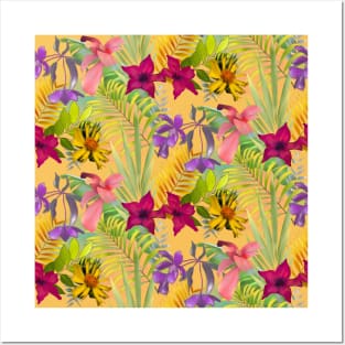 Elegant tropical flowers and leaves pattern purple illustration, yellow tropical pattern over a Posters and Art